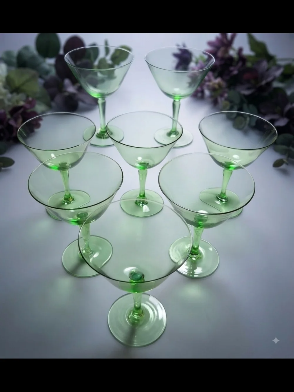 ​Set of 8 Vintage Light Green Champagne Coupes Stem Goblets